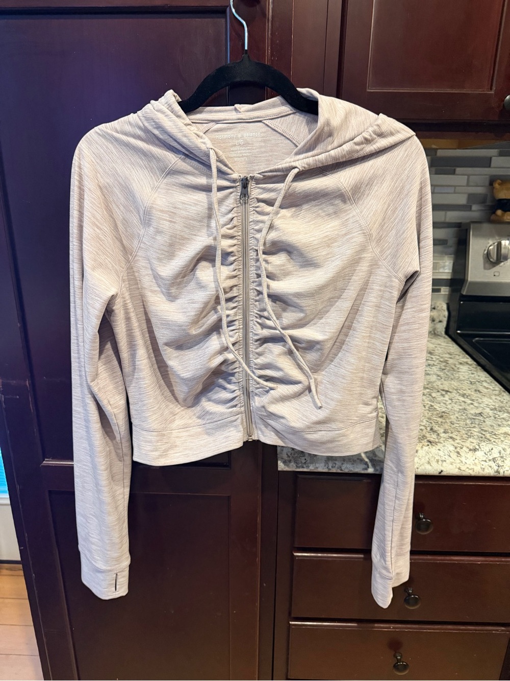 Light Beige Ruched Zip-Up Hoodie for Women